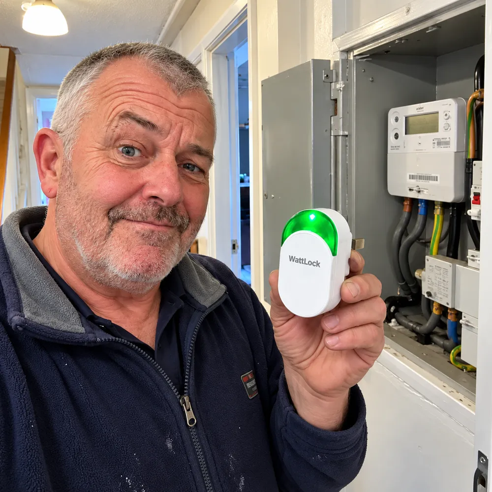 Homeowner holding a WattLock next to his fuse box